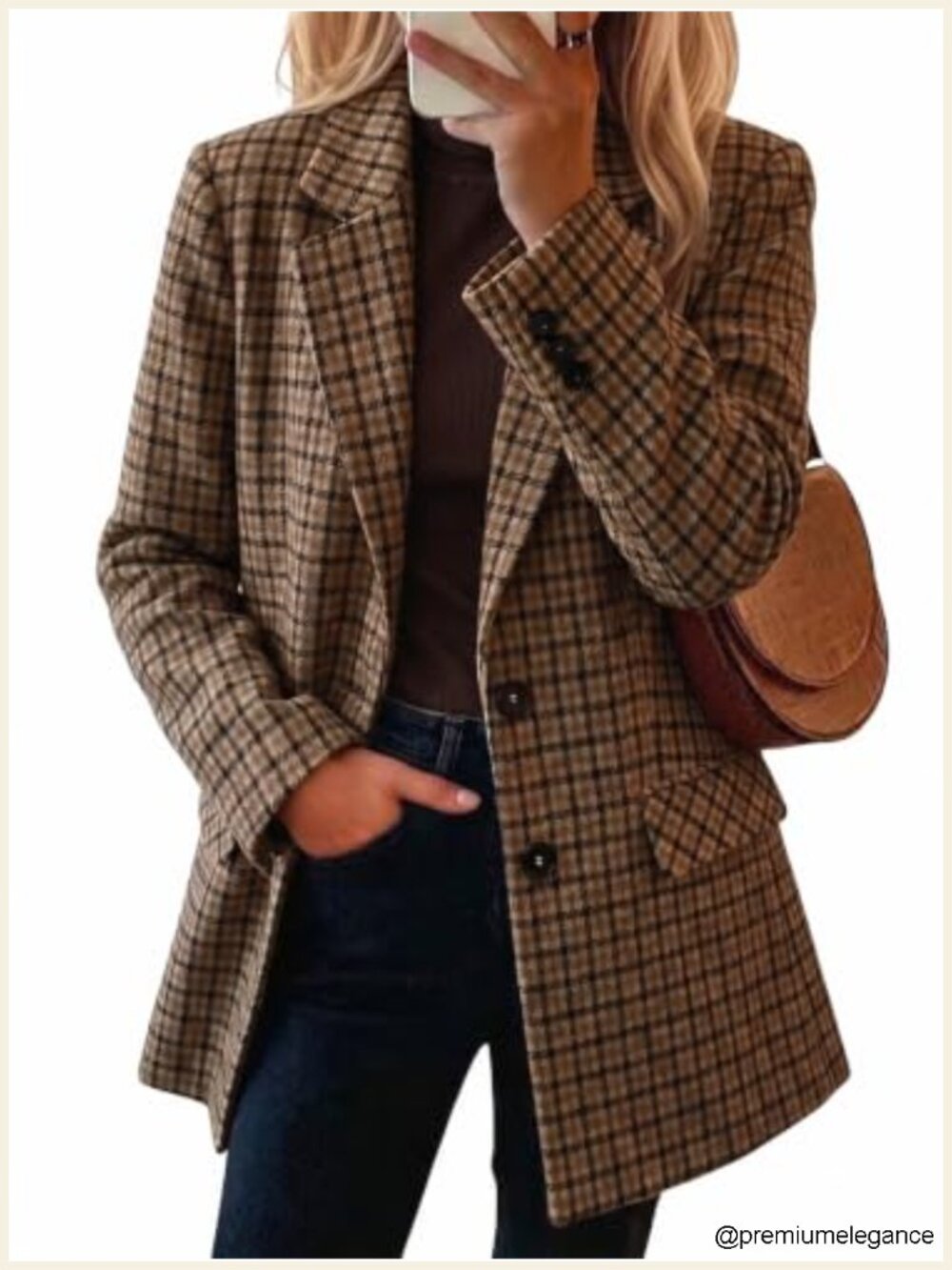Womens Oversized Wool Blend Houndstooth Plaid Blazer Business Casual